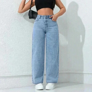 Light Wash Casual Women's Loose Fit Straight-Leg Jeans With Pockets